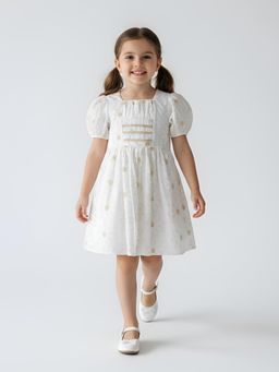 Bella Moda - Beige Floral Thread-Embroidered Puff Sleeve Fit and Flare Dress