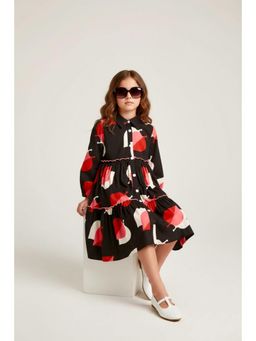 Bella Moda - Red Collared Tier Dress With Waist Tie