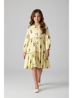 Bella Moda - Yellow Pineapple Print Tiered Cotton Dress