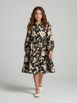 Bella Moda - Black Floral Print Tiered Cotton Dress