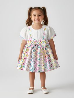 Bella Moda - Multi-Colour Embroidered Cotton Top with Tribal Print Bow Dress