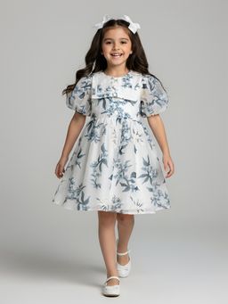 Bella Moda - Blue Floral Organza Puff Sleeve Party Dress
