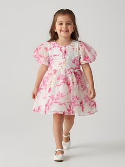 Bella Moda - Pink Floral Organza Puff Sleeve Party Dress