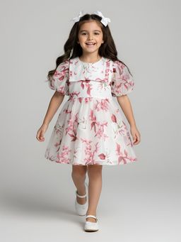 Bella Moda - Brown Floral Organza Puff Sleeve Party Dress
