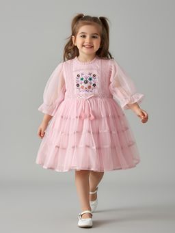 Bella Moda - Pink Net Premium Party with Embroidery Dress