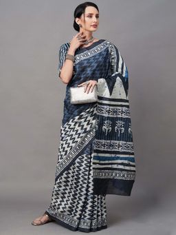 Akhilam - Women Bhagalpuri Silk Navy Blue Printed Designer Saree with Unstitched Blouse
