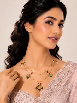 ADIVA - Gold-Plated and Green Red Stone Beaded Layered Necklace
