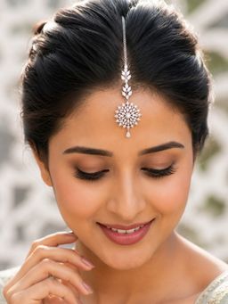 SUGARFRILL - Rhodium Plated American Diamond CZ Floral Maang Tikka