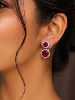 SUGARFRILL - Rhodium Plated Ruby Red American Diamond CZ Double Halo Drop Earrings
