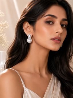 SUGARFRILL - Rhodium Plated American Diamond CZ Double Square Drop Earrings