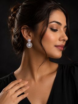 SUGARFRILL - Rhodium Plated American Diamond CZ Double Circle Drop Earrings