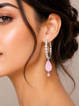 SUGARFRILL - Rhodium Plated AD Pink Teardrop Stone Hoop Drop Earrings