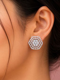 SUGARFRILL - Rhodium Plated American Diamond Hexagon Stud Earrings