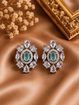 SUGARFRILL - Silver Plated Green Emerald CZ Floral Halo Crystal Stud Earrings