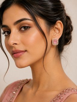SUGARFRILL - Rose Gold Plated Pink Emerald Cut American Diamond CZ Stud Earrings