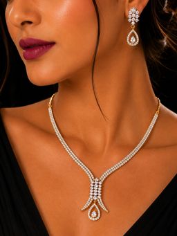 SUGARFRILL - Gold Plated CZ Floral Teardrop American Diamond Necklace Set