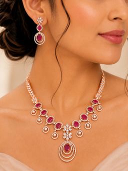 SUGARFRILL - Rose Gold Plated American Diamond Pink Stone Necklace Set