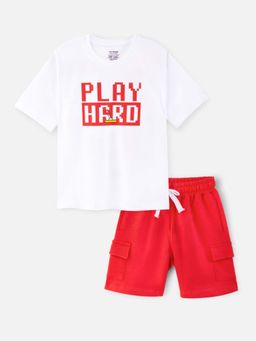 Napchief - White Unisex Play Hard T-shirt & Shorts (Set of 2)