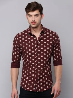 SHOWOFF - Mens Spread Collar Coffee Brown Printed Shirt
