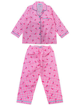 Shopbloom - Pink Cherry And Checks Print Long Sleeve Kids Shirt & Pyjama