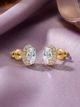 Ornate Jewels - 18K Yellow Gold 1.43 Carat Oval Lab Grown Diamond Halo Stud Earring for Women & Girls