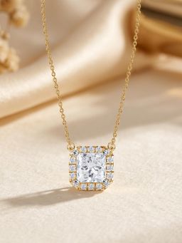 Ornate Jewels - 9K Yellow Gold 1.03 Carat Princess Lab Grown Diamond Halo Necklace for Women & Girls