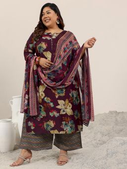 Extra love by Libas - Plus Size Women Burgundy Printed Silk Blend Straight Kurta Sets for Women