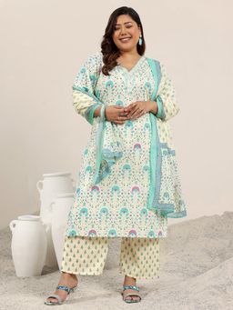 Extra love by Libas - Off White Printed Cotton Straight Kurta Sets for Women