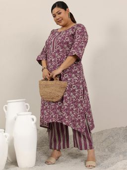 Extra love by Libas - Plus Size Women Mauve Printed Cotton Straight Kurta Sets for Women