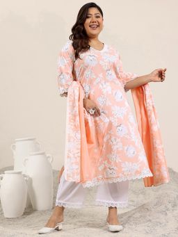 Extra love by Libas - Peach Printed Cotton Straight Kurta Sets for Women