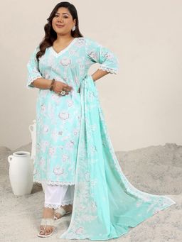 Extra love by Libas - Blue Printed Cotton Straight Kurta Sets for Women