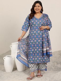 Extra love by Libas - Blue Printed Cotton Straight Kurta Sets for Women