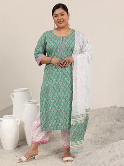 Extra love by Libas - Green Printed Cotton Straight Kurta Sets for Women