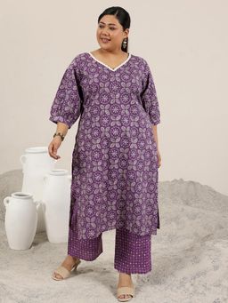 Extra love by Libas - Plus Size Women Purple Printed Cotton Straight Kurta Sets for Women