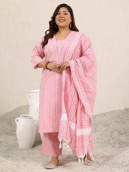 Extra love by Libas - Plus Size Women Pink Woven Design Cotton Blend Straight Kurta Sets for Women