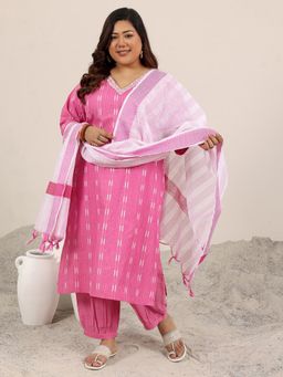 Extra love by Libas - Pink Woven Design Cotton Blend Straight Kurta Sets for Women