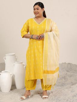 Extra love by Libas - Yellow Woven Design Cotton Blend Straight Kurta Sets for Women