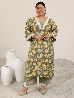 Extra love by Libas - Grey Printed Silk Blend Straight Kurta Sets for Women