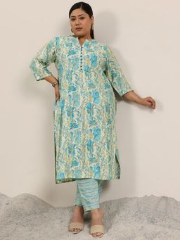 Extra love by Libas - Plus Size Women Off White Printed Silk Blend Straight Kurta Sets for Women