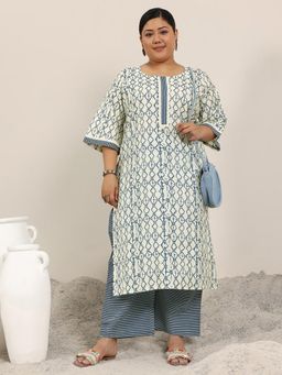 Extra love by Libas - Off White Printed Silk Blend Straight Kurta Sets for Women