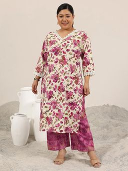 Extra love by Libas - Off White Printed Silk Blend Straight Kurta Sets for Women