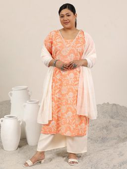 Extra love by Libas - Orange Printed Cotton Blend Straight Kurta Sets for Women