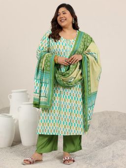 Extra love by Libas - Green Printed Silk Blend Straight Kurta Sets for Women