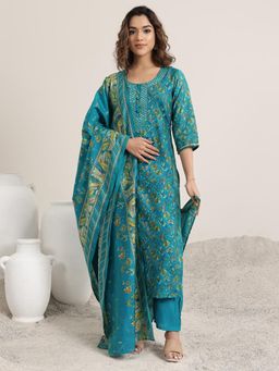 Libas - Womens Printed Blue Kurta With Pant And Dupatta (Set of 3)