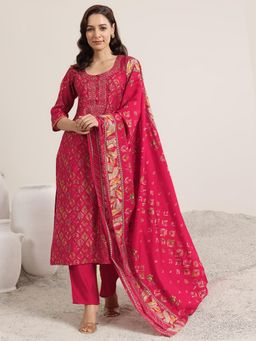 Libas - Womens Printed Pink Kurta With Pant And Dupatta (Set of 3)