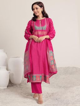 Libas - Womens Printed Pink Kurta With Pant And Dupatta (Set of 3)