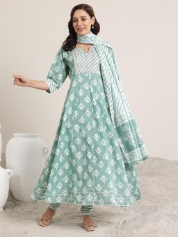 Libas - Green Printed Cotton Anarkali Sets for Women