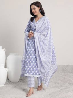 Libas - Womens Floral Blue Kurta With Pant And Dupatta (Set of 3)
