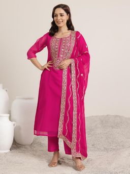 Libas - Womens Embroidered Pink Kurta With Pant And Dupatta (Set of 3)