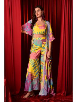 LAALZARI - Multicolour Printed Crop Top, Palazzo with Cape (Set of 3)